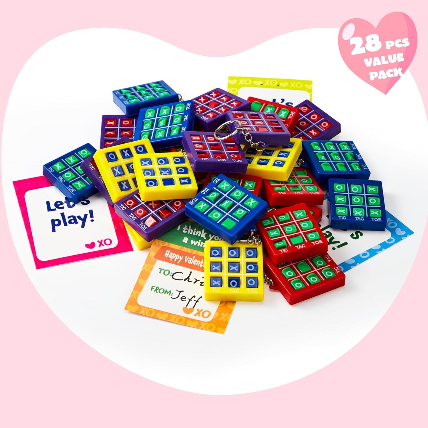 28 Pcs Valentine'S Day Gift Cards with Tic-Tac-Toe Keychain, Valentines Days Keychain Set for Kids Party Favor, Classroom Exchange Prizes, Valentine’S Greeting Cards