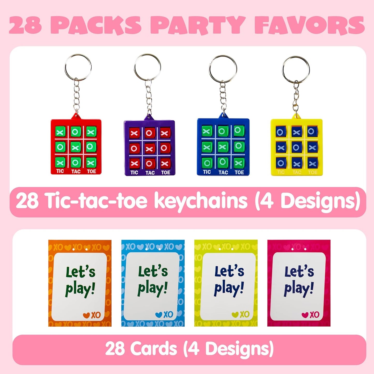 28 Pcs Valentine'S Day Gift Cards with Tic-Tac-Toe Keychain, Valentines Days Keychain Set for Kids Party Favor, Classroom Exchange Prizes, Valentine’S Greeting Cards