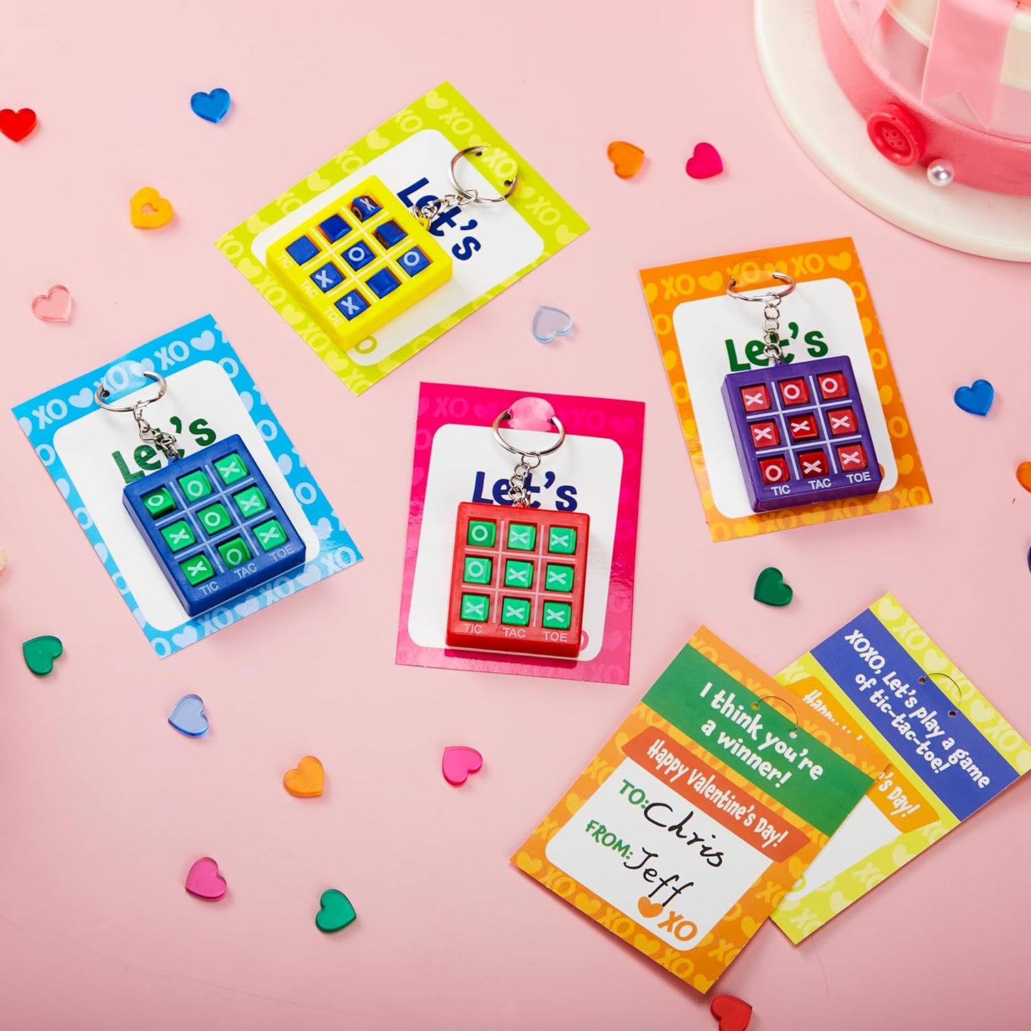 28 Pcs Valentine'S Day Gift Cards with Tic-Tac-Toe Keychain, Valentines Days Keychain Set for Kids Party Favor, Classroom Exchange Prizes, Valentine’S Greeting Cards