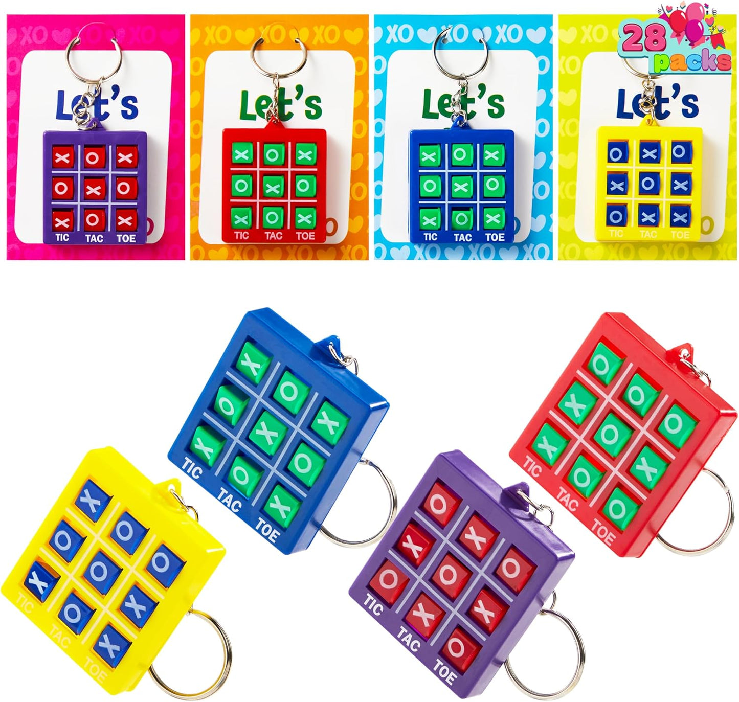 28 Pcs Valentine'S Day Gift Cards with Tic-Tac-Toe Keychain, Valentines Days Keychain Set for Kids Party Favor, Classroom Exchange Prizes, Valentine’S Greeting Cards