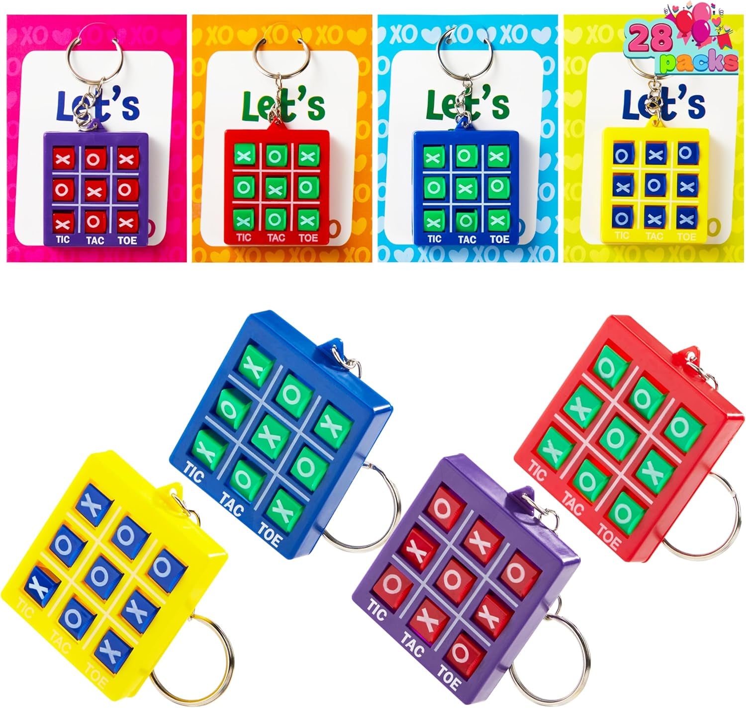 28 Pcs Valentine'S Day Gift Cards with Tic-Tac-Toe Keychain, Valentines Days Keychain Set for Kids Party Favor, Classroom Exchange Prizes, Valentine’S Greeting Cards